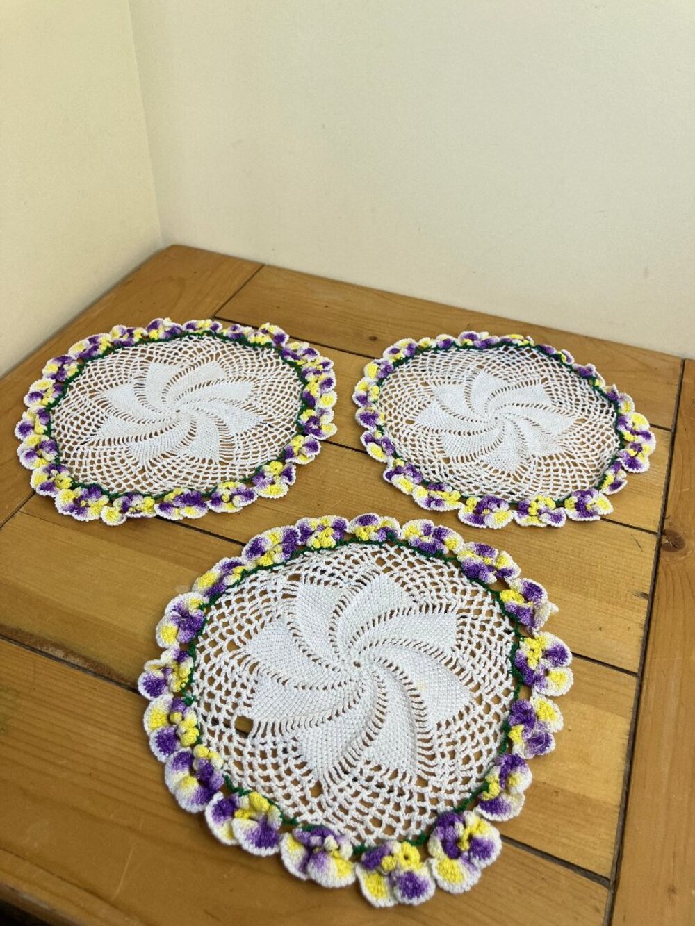 Hand Crochet Pansy Flower Lace Doily Vintage 3 Purple/Yellow Centerpiece Doilies